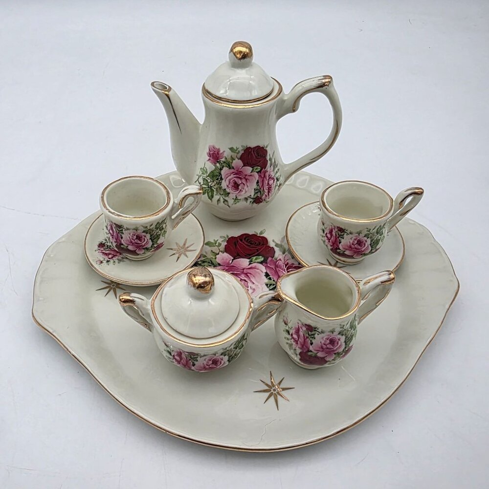 Vintage Ceramic Rose & Starburst Pattern Miniature Tea Set With Gold Trim